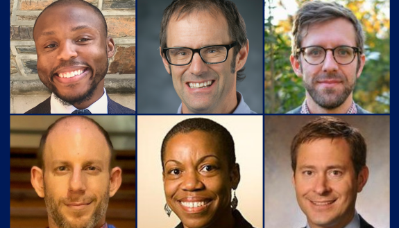 New Bass Fellows, clockwise from top left: Lamonte Aidoo, Mike Bergin, James Chappel, Joel Collier, Charmaine Royal and Harris Solomon