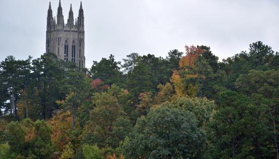 The spires of Duke University Chapel can be seen from the rooftop of Grainger Hall. Photo by Jonathan Black. 