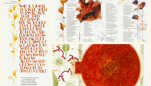 Three images of colorful illustrations and calligraphy in The Saint John's Bible