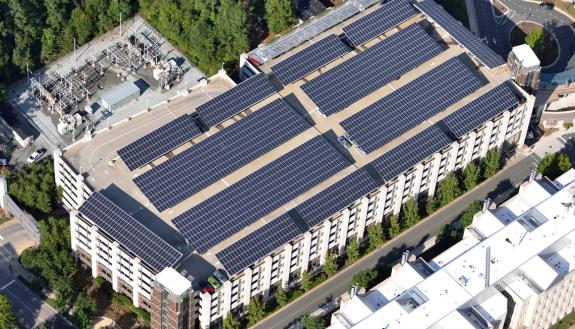 The solar energy system atop the Research Drive Parking Garage is the largest such project  on Duke’s campus.
