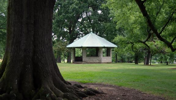 Nestled among wide oak trees, Stagg Pavilion is one of East Campus' most peaceful spots.