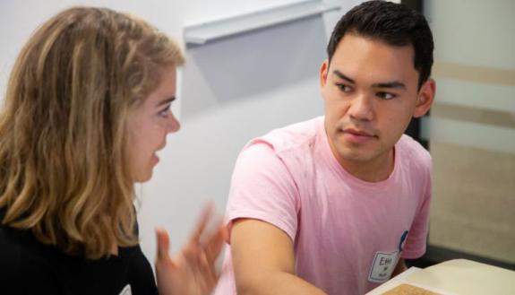 Ethan Ahuna (right) with teammate Mary McCall Leland on the second day of Story+. This year, the program began with a two-day “boot camp” in order to familiarize students with humanities research methods and strategies