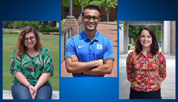 (Left to right) Manda Hufstedler, Noor Tasnim and Libby Dotson all graduated from Duke in 2018 and now work for the University. 