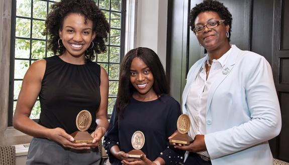 (Left to right) Idalis French, Moreen Njoroge and Niasha Fray received the 2019 Algernon Sydney Sullivan Award. Photos by Les Todd. 