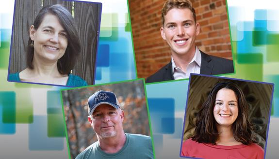 The 2022 Duke Sustainability Award winners, clockwise from top left, Rae Jean Proeschold-Bell, Carsten Pran, Ashley Rosen and Craig Hughes.