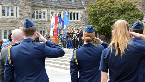 Members of Duke's Air Force ROTC salute during Thursday's Veterans Day ceremony. Photo by Stephen Schramm.