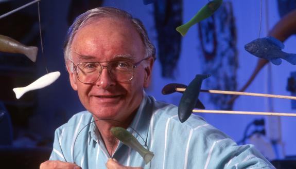 Professor Stephen Wainwright in the mid-1990s. Researchers in the BioDesign Studio he founded built these small rubbery models -- dubbed Twiddlefish -- to show how fish bend their bodies into waves of S-shaped curves in order to swim.