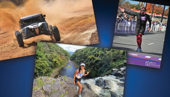 Collage of a runner, a hiker and a race car.