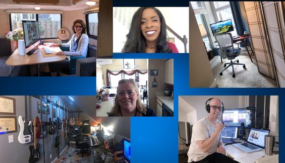 Clockwise from top left: Kathy Franz, Deondra Rose, Scott Behm's home office, Jason Van Sant, Joan Albright and Steve Toback's home studio.