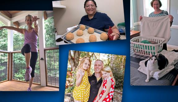 Clockwise from left: Kim Travlos fits in exercise, Lyn Francisco holds bread she baked, Deborah Pierce knocks out chores and Todd Maberry enjoys family time.