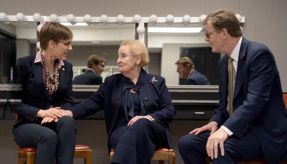 During her 2019 visit, Madeleine Albright talks with Sanford School Dean Judith Kelley and Duke President Vincent Price. Photo by Shaun King