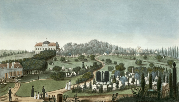 "View of the Cemetery of Père Lachaise from the Entrance," a painting by Pierre Courvoisier. (Image courtesy of Kaylee Alexander)