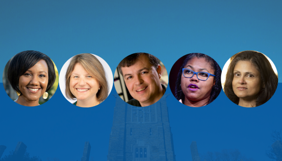 From left: Sherilynn Black, Sally Kornbluth, Scott Huettel, Adriane Lentz-Smith, Nimmi Ramanujam