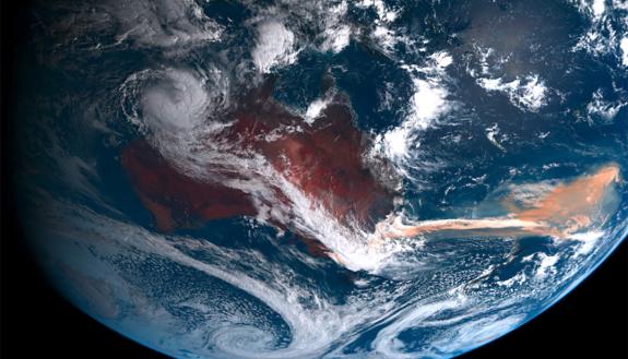 Satellite image of wildfires in Australia and the algae bloom in the southern ocean