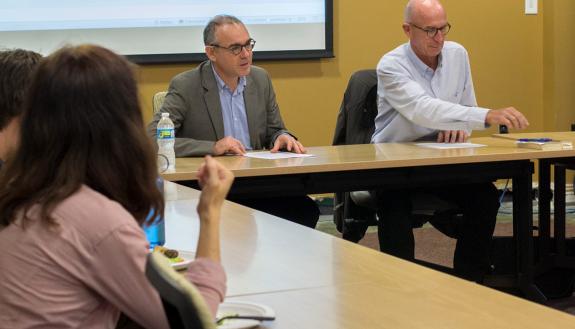 Christophe Boltanski, middle, speaks at a discussion last month at Duke.