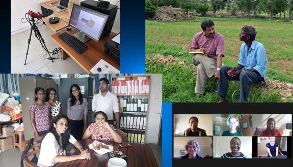 Global research before and after COVID-19, clockwise from top left, pandemic-era work on Vulci 3000, Anirudh Krishna's pre-COVID work in India, Lauren Franz working remotely with South African team, and Gayani Tillekeratne's pre-COVID work in Sri Lanka.