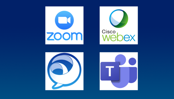 Logos of Zoom, Jabber, Microsoft Teams and WebEx.