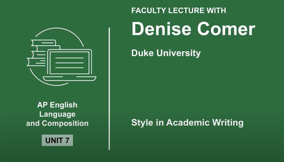 graphic intro for Denise Comer AP lecture on style in academic writing