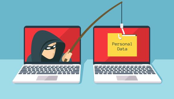Graphic showing a fishing pole stealing data from a computer.