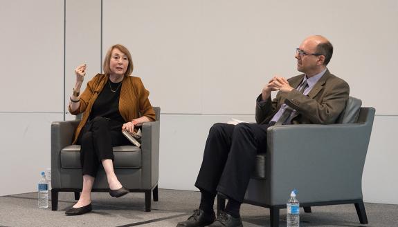 Cathy Davidson shares ideas with the audience about educational reform. She was interviewed by Vice Provost Ed Balleisen. Photo by Dean Rhoades