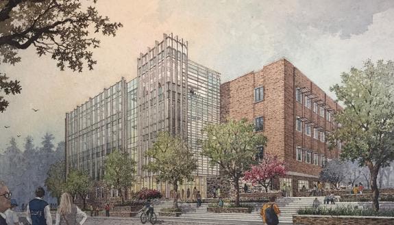 Exterior view of the new Duke Engineering building. Art by Michael McCann.