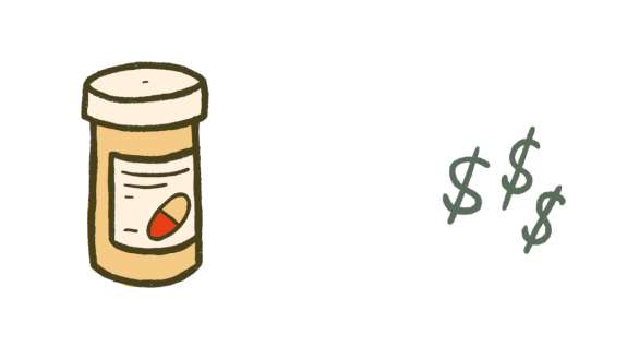 animated graphic of a drug capsule container surrounded by dollar signs