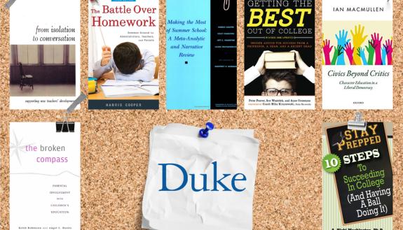 Seven covers of education books authored by Duke faculty. 