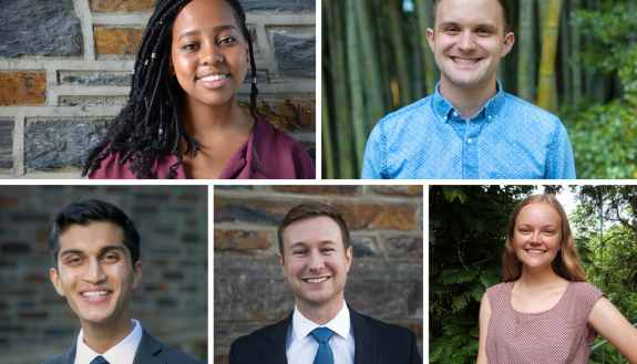 The 2018 Faculty Scholars, clockwise from top left: Mumbi Kanyogo, John Franklin Crenshaw, Laura Naslund, Louden Richason and Kushal Kadakia.