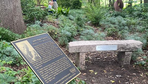 The plaque marking the Franklin history grove was placed in Central Park this past spring. Photo by Jeannine Sato.