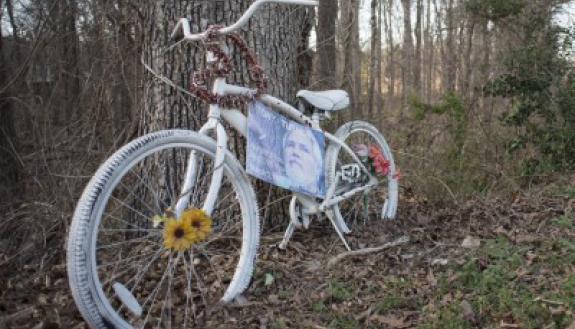 Ghost bike memorializing cyclist Tony Turner at the intersection of Roxboro Street and Chateau Road in Durham, North Carolina.