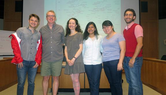 The Bass Connections team together with some early data in the background: Gabriel Goffman, Richard Larrick, Dalia Patino-Echeverri, Shajuti Hossain, Marie Komori, and Adrian Camilleri. Photo: Courtesy of Adrian Camilleri