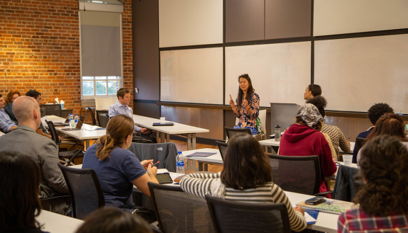 Nancy Tao Go speaks at the Innovative Careers for Ph.D.s workshop. Among her advice: Network like a honey badger.