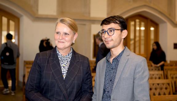 Lise Grande with Sebghatullah Jalali at the Biddle Lecture.