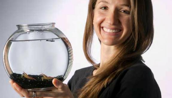Biologist Eleanor Caves, with shrimp