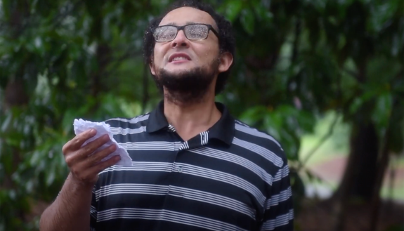 Author Gideon Young reads poetry outside the Nasher Museum