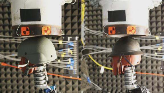 A French helmet from World War I and a modern helmet sit beneath a shock tube to test how well they protect the dummies underneath from a shock wave. The ridge down the center of the French helmet was designed for deflecting shrapnel, but may well have al
