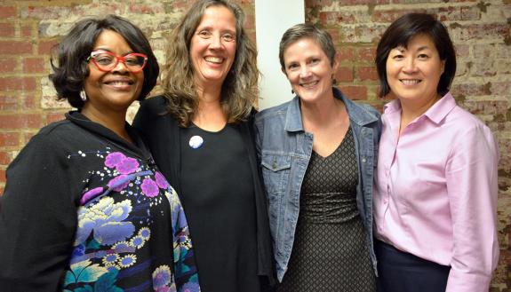 From left, Zoila Airall, Victoria Krebs, Colleen Scott and Li-Chen Chin pose together. The four Duke employees shared their stories of breast cancer at a recent Women’s Center event.