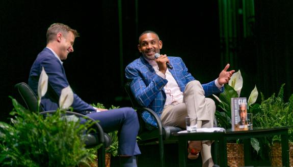 Jon Scheyer and Grant Hill provided a history lesson on Duke basketball Wednesday in Page Auditorium. Photo by Megan Mendenhall/Duke Digital and Brand Strategy