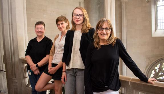 Durham Technical Community College faculty Lisa Blair (far left) and Marina DelVecchio (far right) will collaborate with Duke PhD students Patricia Bass (left center) and Maggie McDowell (right center) to redesign courses in French, Women’s Studies and Li