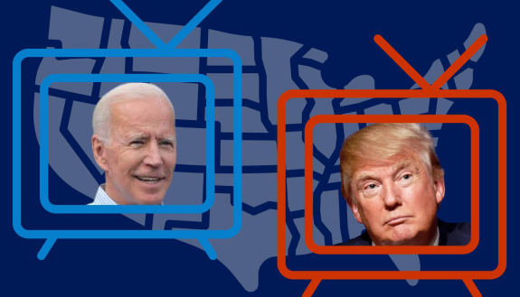 images of Biden. and Trump over a political map of the US