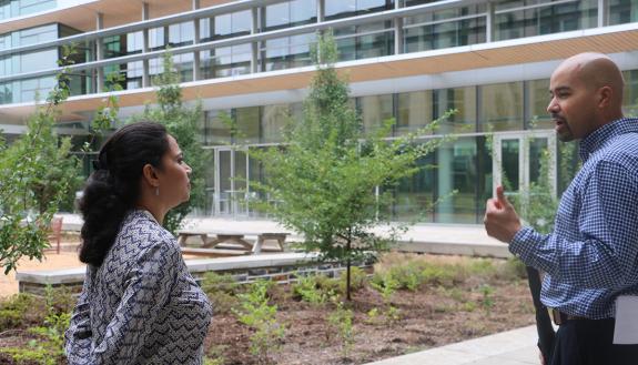 Namrata Jha, executive director of the India office, tours the Duke with Adem Gusa.