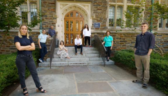 The eight new faculty members joining the Department of Economics in 2022 include (clockwise from bottom left) Laura Pilossoph, Nelson Sá  Anna Bykhovskaya, Jeffrey DeSimone, Michael Pollmann Emily Cuddy, Ellen Meade and Gregor Jarosch. (John West/Trinity