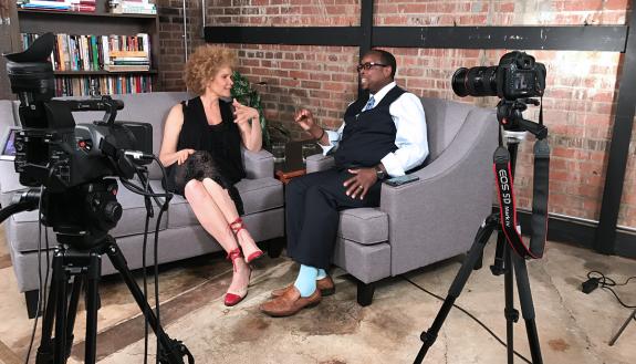 Mark Anthony Neal, right, interviews writer Michaela Angela Davis on "Left of Black" in 2017. Photos courtesy of Catherine Angst.