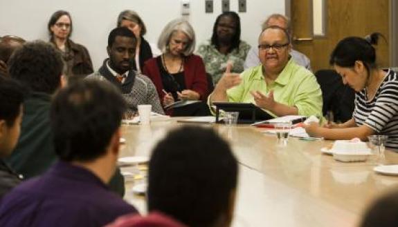 Michael Ralph, center at table, and Wahneema Lubiano lead a discussion of "!2 Years a Slave." Photo by Megan Morr/Duke University Photography