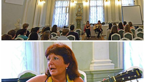 Edna Andrews, Duke's Nancy and Jeffrey Marcus Professor of Slavic and Eurasian Studies, performed at Petrovsky Hall at Saint Petersburg State University during a recent trip to Russia. Photos courtesy of Edna Andrews 
