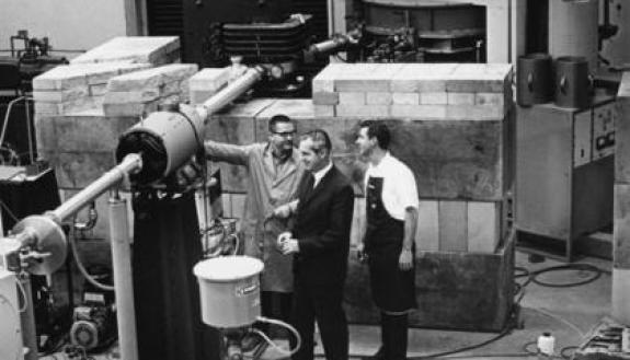 This undated photo shows (L-R) Russell Roberson, Ed Bilpuch, director of TUNL, and Al Lovette in the underground accelerator.