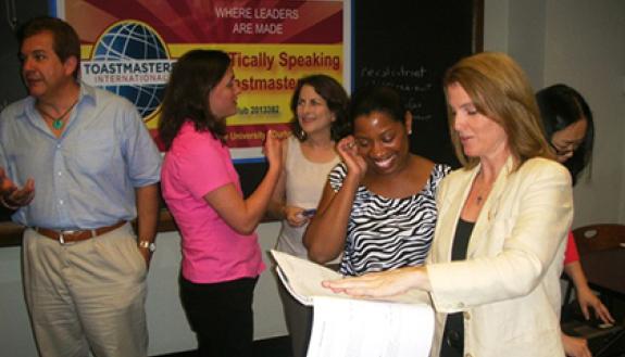  About 15 members currently comprise the PRATTically Speaking Toastmasters club, which meets on the first and third Tuesday of the month in Hudson Hall. Photo courtesy of Jessica Bolton