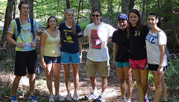 Simon Partner, center, on a field trip to Duke Forest with students from Alspaugh Domitory, where he lives as faculty-in-residence. Photo courtesy of Simon Partner.