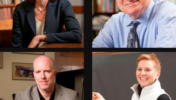 2013 faculty winners of the Graduate School Dean's Award for Excellence in Mentoring and Teaching.  Clockwise from top left: Laura Edwards, Frank Sloan, Robyn Wiegman and Cameron R. Bass
