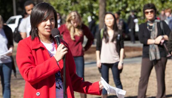 Ting-Ting Zhou, a Duke student, speaks during Race Is Not a Party rally Wednesday.  Photo by Megan Morr/Duke University Photography